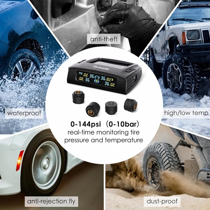TM2 RV Tire Pressure Monitoring System, Tire Pressure Monitor with Solar Charge, TPMS with 4 Sensors(Max. 10) & 6 Alarm Modes, Color LCD Display, 0-144PSI for RV/Trailer/Truck/SUV/Fifth Wheel