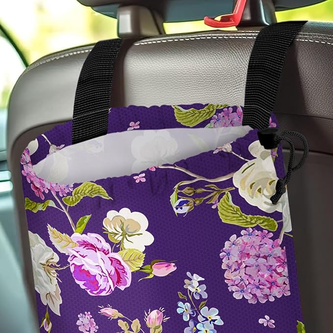 Car Trash Bag Hanging Back of Seat Waterproof Small Cute Printed One-Handed Strap Drawstring Garbage Bags for Car-Purple Floral