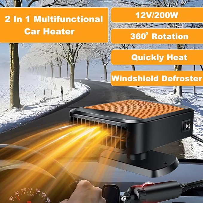 12V 200W Car Heater,2-in-1 Defroster & Defogger,Portable Car Heaters for Vehicle,Car Defroster Windshield Heater that Plugs into Cigarette Lighter with 360° Rotatable Base (Orange)