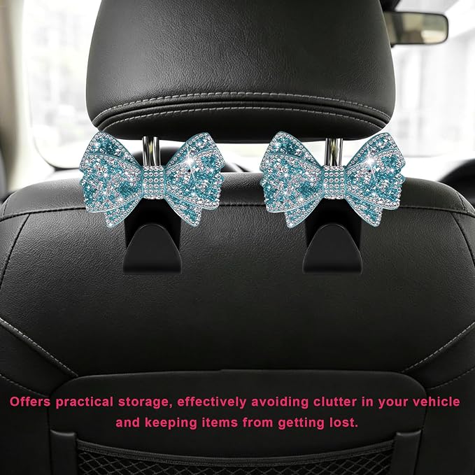 2PCS Bling Bow Car Seat Headrest Hooks, S-Type Crystal Auto Rear Seat Organizer for Handbags Purses Groceries, Cute Rhinestone Bow Seats Back Storage Hook for SUV Truck Sedan (Light Blue)