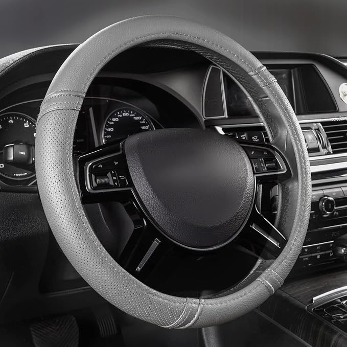 Classical Leather Automotive Universal Steering Wheel Covers,Universal Fit for Suvs,Trucks,Sedans,Cars,Vans,14.5-15inch Anti-Slip Safety Comfortable Desgin(Gray)