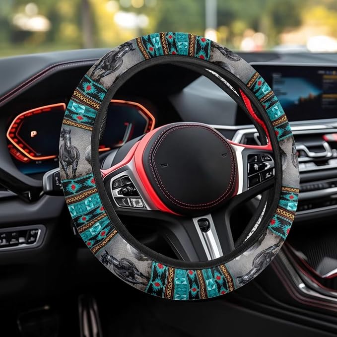 Aztec Horse Teal Gray Car Steering Wheel Cover Universal 15 Inch Anti-Slip Neoprene Auto Steering Wheel Protector Car Accessories Decor for Women Men