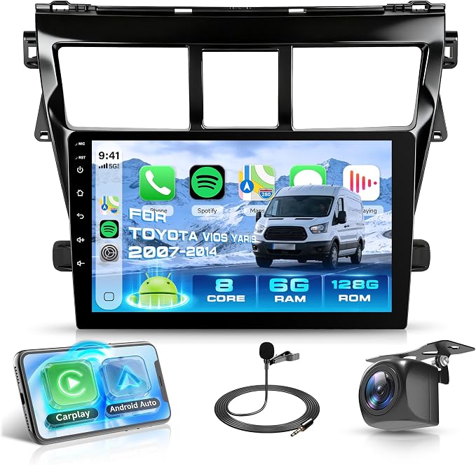 8 Core 6G+128G Android 15 Car Stereo for Toyota Yaris Vios 2007-2014, Wireless Carplay Android Auto, 9'' Touchscreen Radio with 360° Panoramic View GPS/BT 5.0/FM/DSP/5G-WiFi Backup Camera SWC
