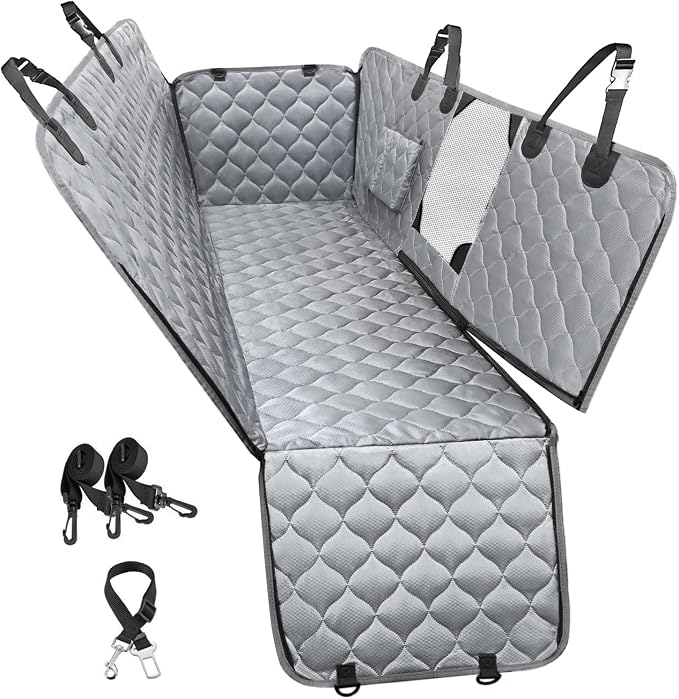 Dog Car Seat Cover with Mesh Window, 100% Waterproof Pet Seat Cover for Back Seat, Scratchproof Dog Hammock for Cars, Trucks, SUVs, Jeeps (Gray)
