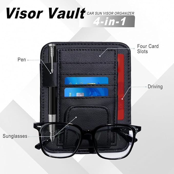2 PCS Car Sun Visor Organizer, Sunvisor Organizers with Sunglass Holder & Card Sleeve Pocket, Leather Car Sunglass Holder for Most Vehicle of Trucks, SUVs, Black