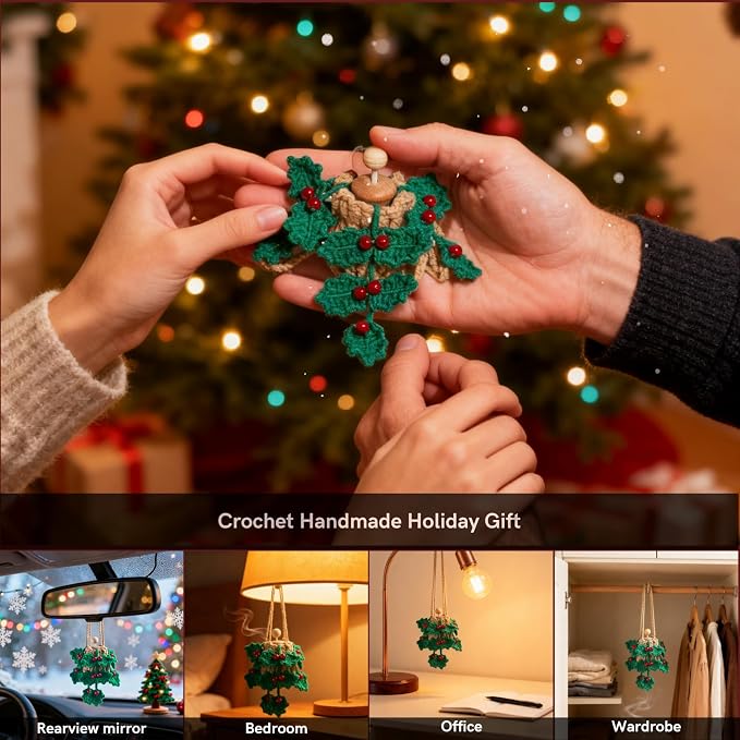 Handmade Crochet Car Air Freshener - Crochet hanging holly plants with 12ml Empty Refillable Oil Diffuser Bottle, Green Car Accessory for Mirror Decor and Home Decor