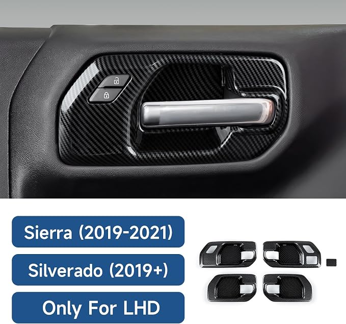 Car ABS Carbon Fiber Inner Door Handle Cover Interior Trim Decal for 2019-2025 Chevy Silverado | for 2019-2021 GMC Sierra 1500 2500 3500 HD Accessories （4 Door