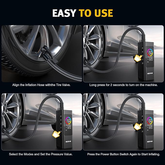 Tire Inflator Portable Air Compressor, 150 PSI Cordless Car Air Pump with Digital Gauge, Rechargeable 7800mAh Battery, LED Light, for Car Tires, Bike, Motorcycle, Ball, Inflatables