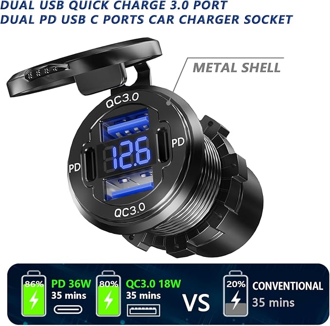 2PCS, Dual PD USB C Ports & Dual Quick Charge 3.0 Ports Car Charger Socket, Aluminum Alloy Waterproof 12V USB Outlet, Accessories for Car Boat Marine Motorcycle RV ATV Truck Golf Cart