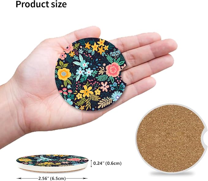 Absorbent Car Coasters 2 Pack for Cup Holders, 2.56" Ceramic Stone & Non-Scratch Cork Base Drink Coasters(Flowers 1)
