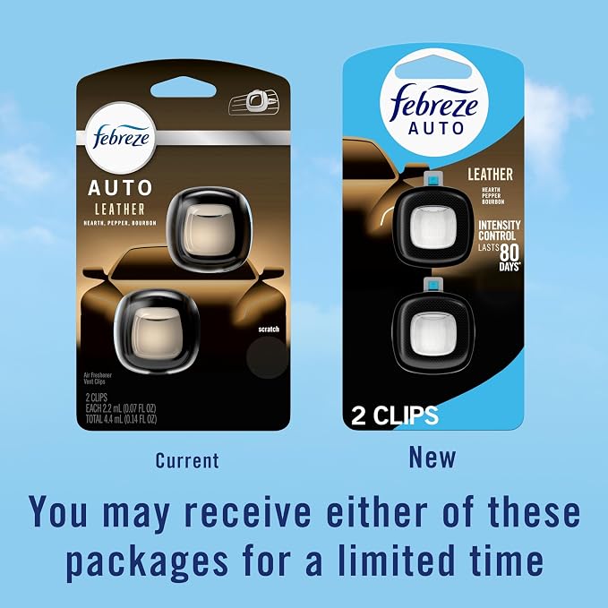 AUTO Air Freshener, Odor-Fighting Automotive Vent Clip, Scented Car Accessories, Long Lasting for Strong Odors, Leather, 2 Count