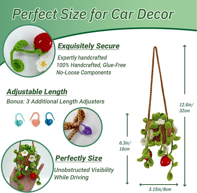 Crochet Hanging Plant for Car,Car Decorations Interior,Plant Aesthetic Car Accessories for Women Interior Cute,Car Ornaments Charms for Rear View Mirror,Boho Car Decoration Gifts