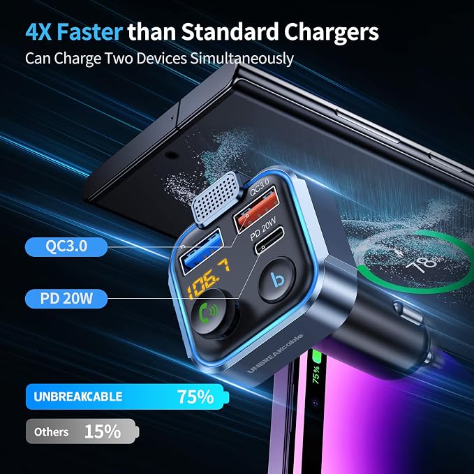 Bluetooth 5.3 FM Transmitter for Car, [PD 20W + QC 3.0] [Stronger Microphone & HiFi Bass Sound] Cigarette Lighter Radio Music Adapter Charger, Supports Hands-Free Siri Google Assistant