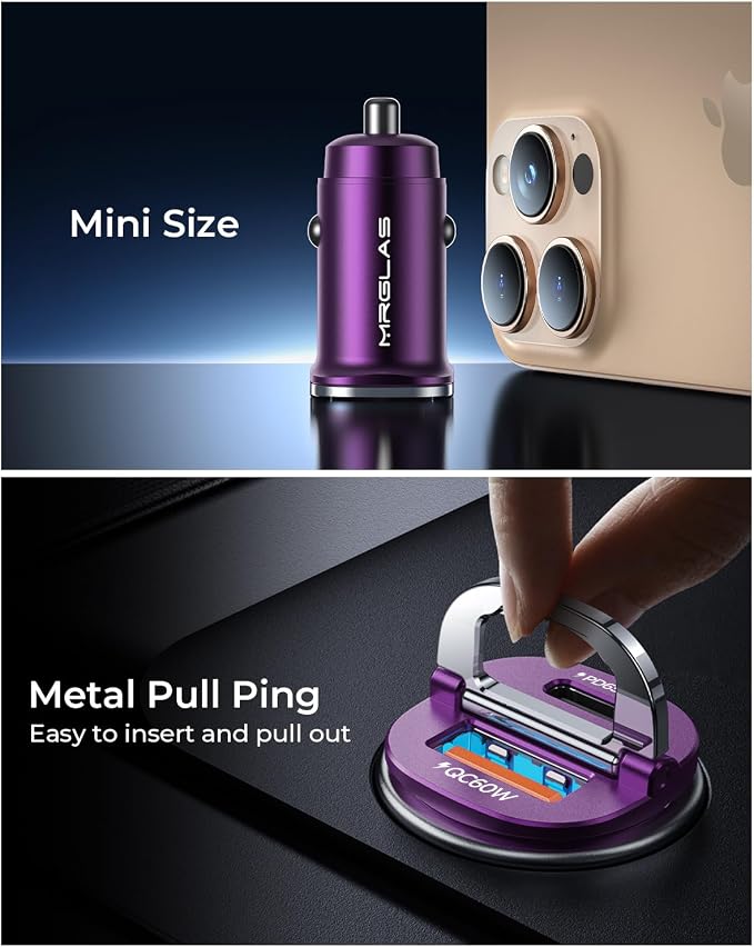 【Upgraded】 125W USB C Car Charger Super Fast Charging for iPhone 16, [PD65W & QC60W][All Metal] Cigarette Lighter Car Charger,Dual Port for iPhone 16 15 Pro iPad Samsung S25/S24 MacBook-Purple