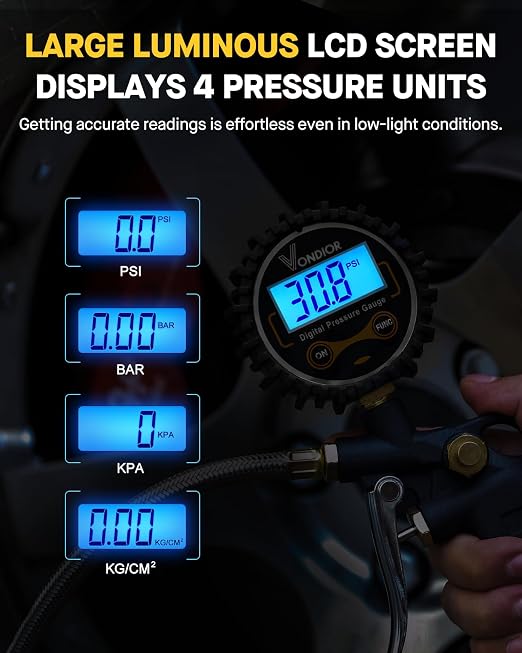 Digital Tire Pressure Gauge with Inflator, 250 PSI Heavy Duty Air Chuck with Tire Tread Depth Gauge, Stainless Steel Braided Hose with Quick Connect Coupler, Car Accessories