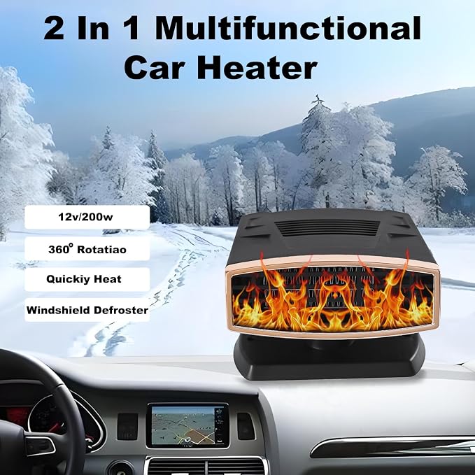 Portable Car Heater and Defroster, 12V Car Heater that Plugs into Cigarette Lighter, 200W Fast Heating Windshield Defroster Defogger, 360° Rotatable Car Heaters for Vehicle,RV,SUV(Black&Gold)