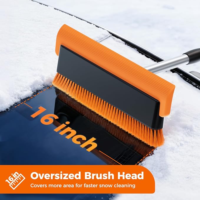 16" Large Snow Brush for Car Windshield,Non-Scratch Snow Scraper,55" Extendable Snow Broom with Foam Grip,Snow Remover for Cars, Truck, SUV (Orange, 16 inch)