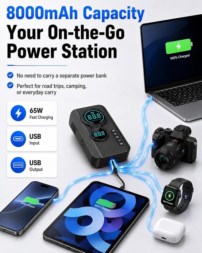 9000A Jump Starter with Air Compressor, 12V Battery Jump Box with Air Pump | Portable Car Battery Jump Starter and 150PSI Tire Inflator with 8000mAh Power Bank, LED Light, Dual LCD Screen and EVA case