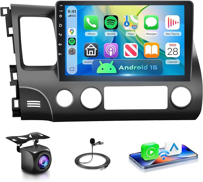 DSP Car Stereo Radio for Honda Civic 2006-2011 with Wireless Carplay Android Auto MirrorLink 10.1 inch HD Touch Screen Built-in GPS 26UIs 5.0Bluetooth Car Radio 5G WiFi AHD Backup Camera Mic