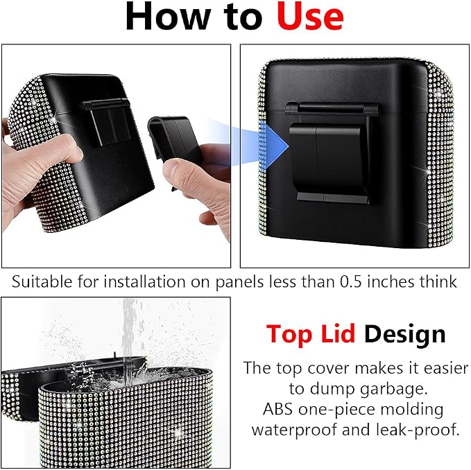 Car Trash Can with Lid, Bling Crystal Mini Vehicle Trash Bin Car Dustbin Garbage Organizer, Automotive Garbage Can Bin Trash Container for Auto Cars, Home, Office - Multicolor …