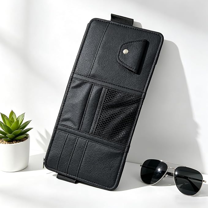 Black Car Sun Visor Organizer, 1-Pack Multi-Pocket Auto Storage Pouch for SUV and Truck, PU Leather Visor Holder with Zipper Pocket, Card Slots, Pen Loop, Sunglasses and Key Storage