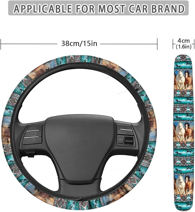 Car Steering Wheel Cover Universal 15 Inch Steering Wheel Wrap Anti-Slip Soft Elastic Decorative Auto Accessories All Weather Protection, Aztec Running Horse Teal