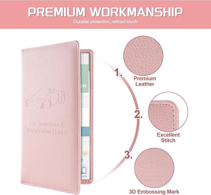 1Pack Car Registration and Insurance Holder,Car Document Holder for Cards License with Magnetic Shut,Vehicle Glove Box Car Organizer for Documents, Cards, License(Embossed leather Pink)