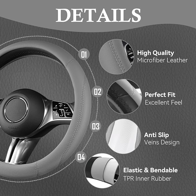 Microfiber Leather Steering Wheel Cover and Waterproof Car Floor Mats,Universal Car Combo Fit for 95% Sedan,SUV,Cars,14.5-15inch Anti-Slip Safety Comfortable Faux Leather Design(Solid Gray)
