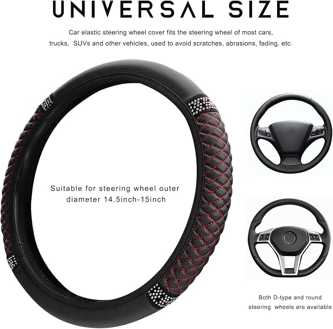 Bling Car Steering Wheel Cover, 15 Inch Sparkly Rhinestone Soft Leather Steering Wheel Protector, Non-Slip Universal Auto Elastic Steering Wheel Covers for Women Girls (Black & Red)