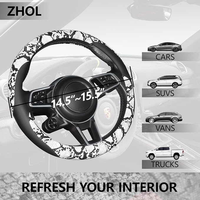 Snake Skin Steering Wheel Cover Leather 14.5-15 Inch, Reversible Car Steering Wheel Cover for Women Men, Anti-Slip Design, Universal Fit for Cars, SUVs, Black&White