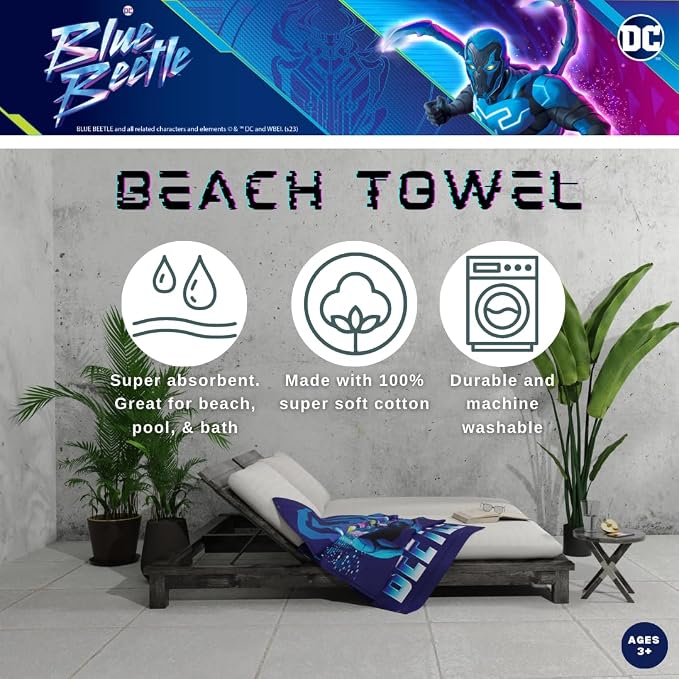 Blue Beetle Kids Super Soft Cotton Bath/Pool/Beach Towel, 58 in x 28 in, (Official Licensed Product) by