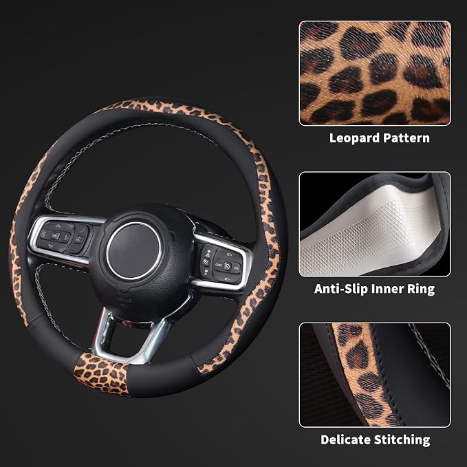 16 inch Steering Wheel Cover Cheetah Print, Breathable Microfiber Leather Compatible Large-Size for F150 F250 F350 Ram 4Runner Tacoma Tundra Range Rover Model Car Accessories for Women Men