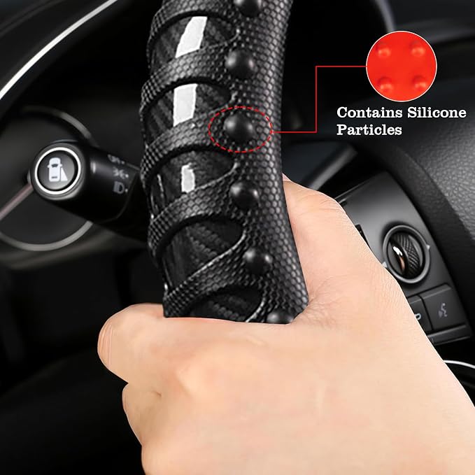 Car Leather Steering Wheel Cover - Carbon Fibre Material, Universal 14.5-15 Inch Leather Anti-Slip Breathable Auto Steering Wheel Covers for Men Women (3D Massage - Sports Black)