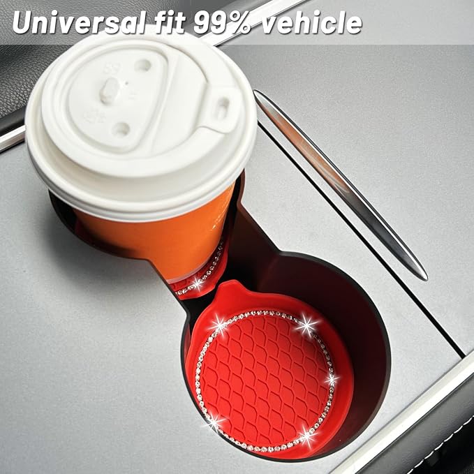 4PCS Bling Car Coasters, Non-Slip Insert Water Bottle Holder Pads, Bling Crystal Rhinestone Dustproof Automotive Interior Accessories, Universal for Vehicles, Trucks, RVs (4 pcs, Red)