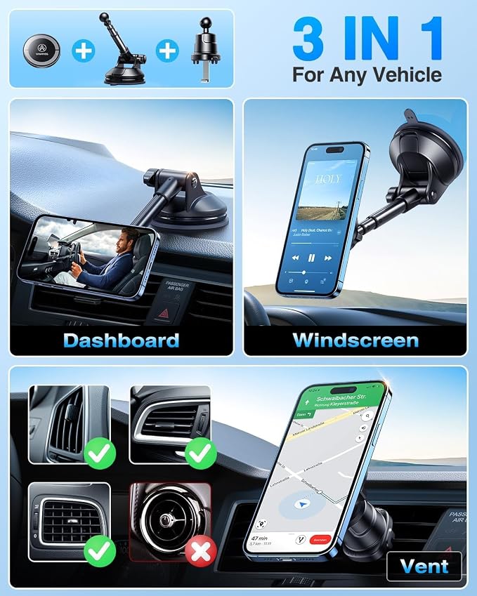 【Military-Grade】 for MagSafe Car Mount【Upgraded Strongest Magnetic&Suction】Phone Holder Cell Stand for Dashboard Windshield Vent, Tesla Truck Cradle for iPhone 17 Pro Max 16 15 14 13 12 Android