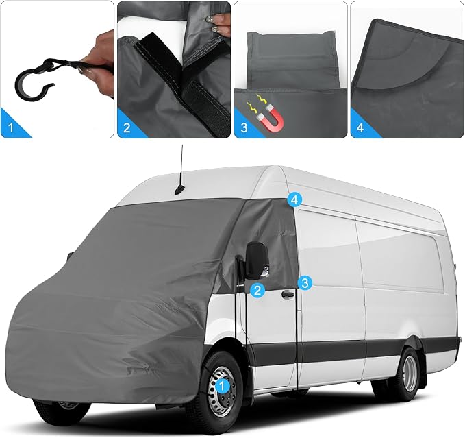 600D RV Windshield Engine Cover for Benz Sprinter 2019-2026 | Fits W906 Sprinter Vans, Mirror Cutouts, All Weather Blackout Privacy