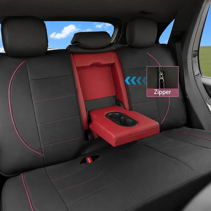 14 PCS Leather Car Seat Covers Full Set, 14.5”-15'' Sporty Steering Wheel Cover Universal, Center Console Cover, Seat Belt Cushion, Cup Holder Coaster, Car Interior Set Pink