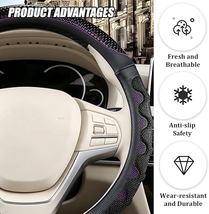 Car Steering Wheel Cover, 14.5-15" Anti-Slip Steering Wheel Protector with 3D Honeycomb Massage Grip, Comfortable Auto Interior Decor Accessories, Universal for SUV Van Truck (Black/Purple)