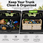 PAT SAM'S Trunk Organizer for SUV, Collapsible Car Trunk Organizer with Dividers, Waterproof 600D Oxford, Non-Slip Storage Organizer for Groceries, Tools, Travel, Truck & Car (Beige)