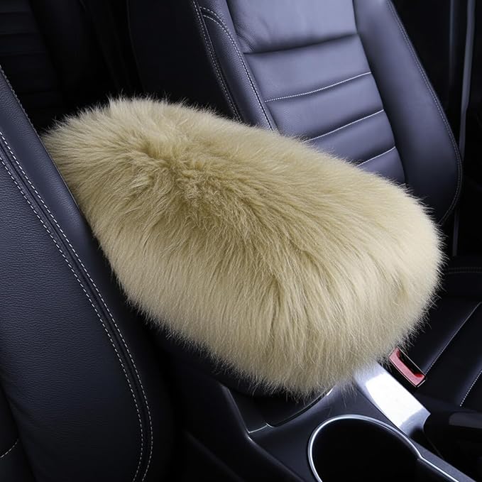Furry Armrest Cover Auto Center Console Cover Car Soft Console Pad, Real Sheepskin Wool Soft Fluffy Auto Center Armrest Pad for Most Car Decoration Protector (Champagne)
