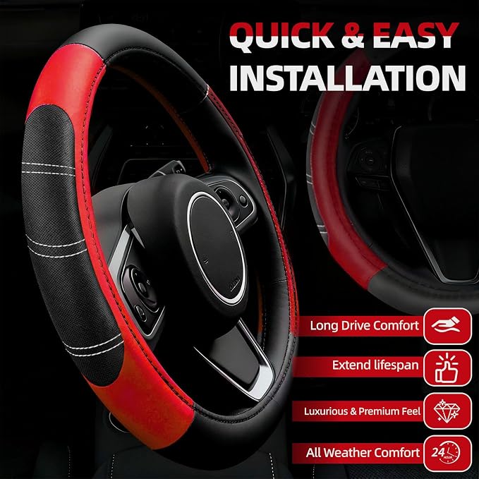 6 Pcs Red Car Accessories Set, Sport Leather Steering Wheel Cover 14.5-15inch Universal, Microfiber Leather Car Center Console Cover, Seat Belt Cushion, Cup Holder Coaster (Black-Red)