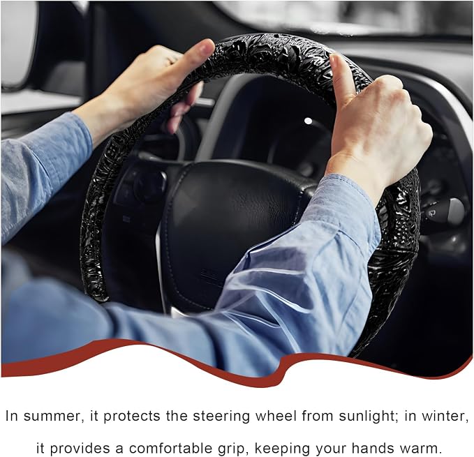 Sun Walker Leather Car Steering Wheel Cover, 15" Anti-Slip Crocodile Pattern Wheel Protector with Rose Grain, Comfortable Grip Steering Wheel Protector Universal for Cars SUVs Trucks (Black)