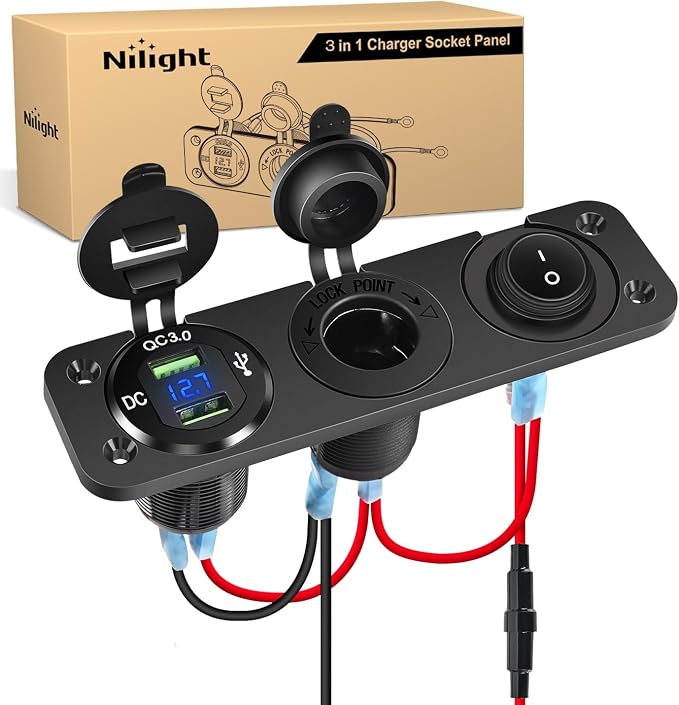 4 in 1 Charger Socket Panel Dual QC3.0 USB with LED Voltmeter Display and Cigarette Lighter Power Cutoff Switch for CarsTrucks UTV ATV