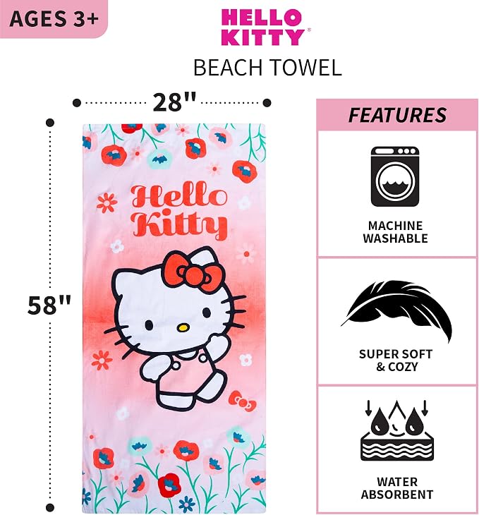 Kids Super Soft Cotton Beach Towel, 58 in x 28 in, Hello Kitty