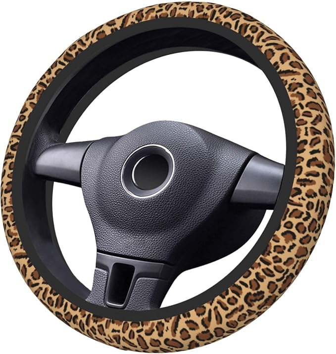Leopard Steering Wheel Cover Anti-Slip and Practical 14.5-15 Inch Universal Car Steering Wheel Cover with 2 Pieces Car Coasters Suitable for Men Women