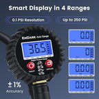 Tire Inflator Pressure Gauge for Air Compressor - Digital Air Chuck | 3-250 PSI, 1% Accuracy, 0.1 PSI Resolution, 360° Rotating Chuck, Extended Hose, Dual-Head Chuck, Hard Carrying Case
