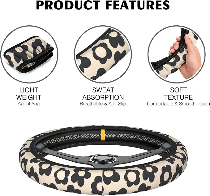 Vintage Groovy Flowers Steering Wheel Cover, Elastic Non-Slip Steering Wheel Protector,Auto Interior Decor for Women Girls,Universal 15" Fit for Sedans,Trucks