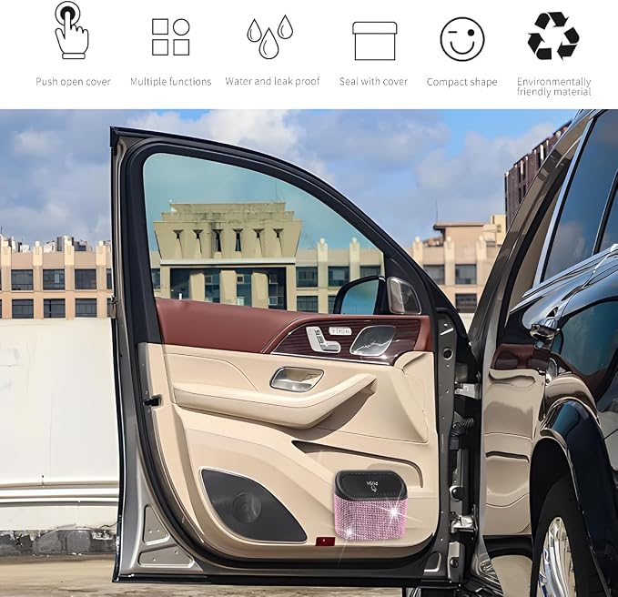 Bling Car Trash Can with Lid, Crystal Rhinestones Leakproof Auto Garbage Hanging Container Bin, Multipurpose Diamond Dustbin Storage Organizer, Universal Vehicle Accessories (Pink)