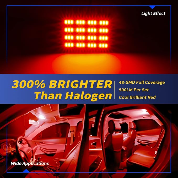 Car Interior LED Lights Accessories with 194 168 T10 / BA9S / DE3175 6418 211-2 578 Festoon Adapters, 48-SMD Panel Lamps for Dome Map Door Trunk Courtesy License Plate Lights (Brilliant Red)