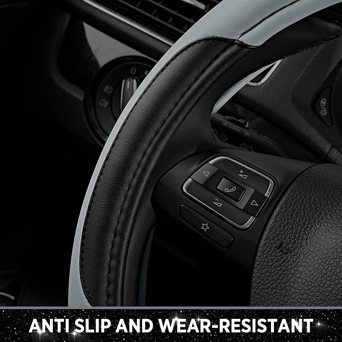 Leather Steering Wheel Cover - Made with PVC Leather - Anti-Slip, Universal Fit 14 1/2 inches to 15 inches - Gray